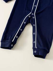 SHEIN 新生儿男/女宝宝可爱圆领长袖连体衣，秋冬款 - 藏蓝色 - 查看 7