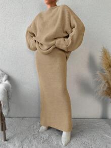 EURMUSE 2pcs Women Solid Color Long Sweater Top And Mini Skirt Set - Camel - View 3