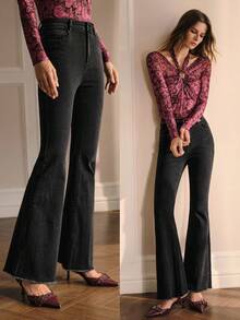 MOTF PREMIUM 秋冬毛边喇叭牛仔裤 - 黑色 - 查看 1