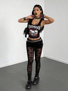 SHEIN PETITE Women's Halloween Floral Print Semi-Sheer Mesh Leggings