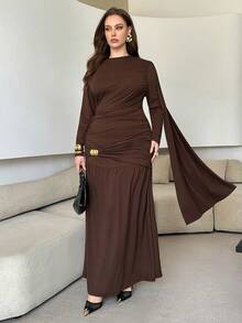 Modelyn Vestido de manga larga con diseño de pliegues para mujer de talla grande en otoño