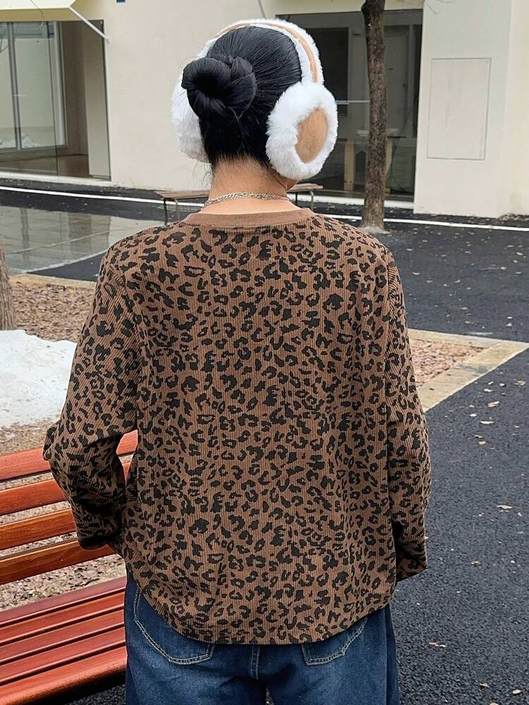 Dazy Plus Plus Size Leopard Print Casual Long Sleeve T-Shirt, Street Style For Plus Size Women, Spring/Autumn