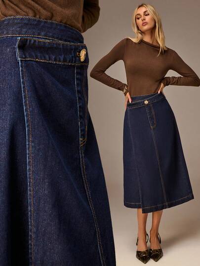 Avantive Metal Buckle Decoration Asymmetrical Blue Washed Denim Skirt Women Autumn Winter Street Commuting, Leisure, Daily Comfort