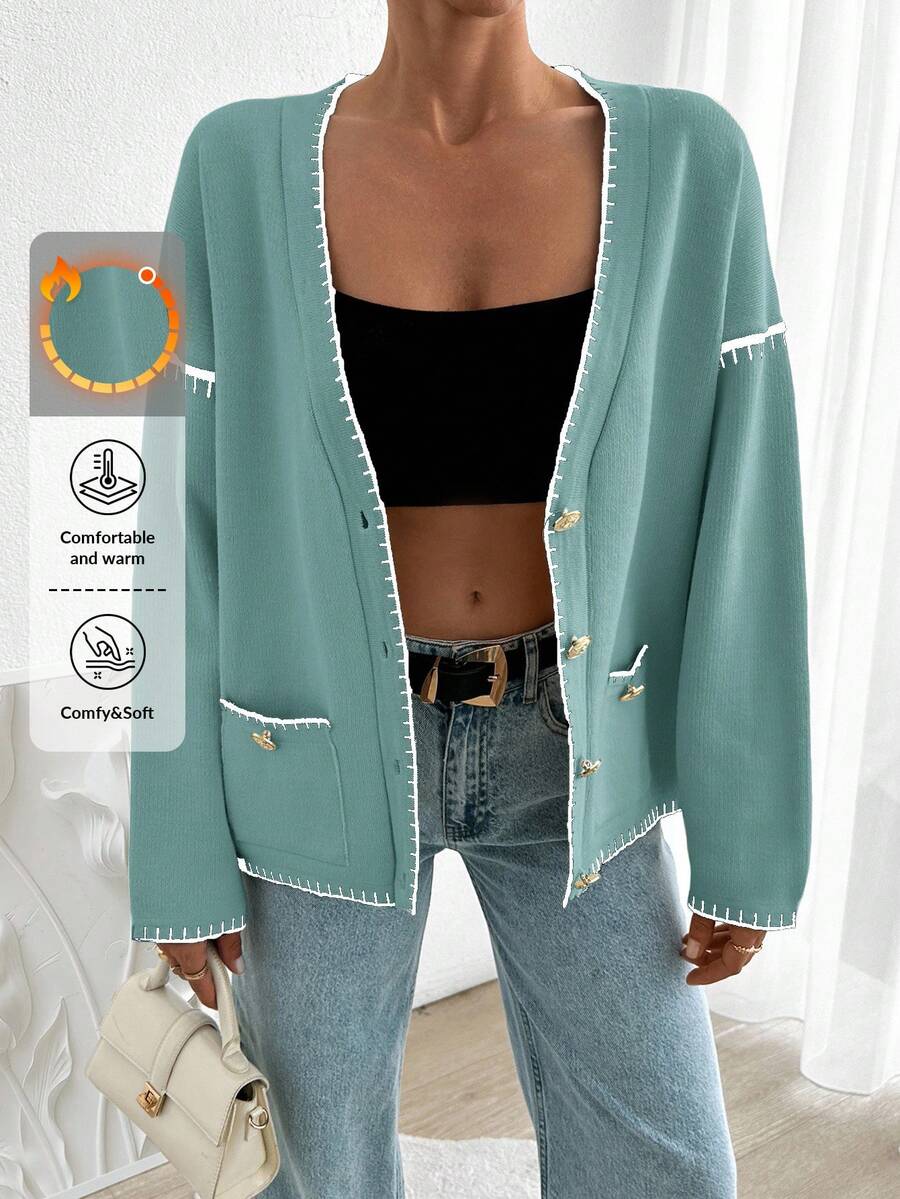 EURMUSE Women Solid Color Deep V-Neck Handmade Stitch Detailed Cardigan - Mint Green - View 1