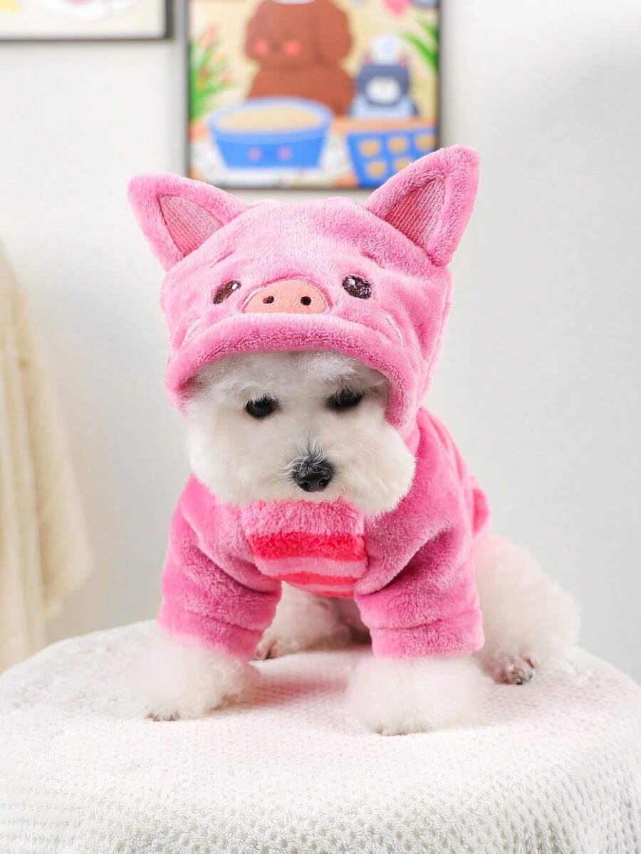 PETSIN 1pc Cat And Dog Universal Pet Clothing, Cute Pink Pig Transformation Outfit, Autumn And Winter Thick Warm Hooded Sweatshirt Sweatshirt
