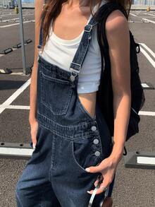 DAZY 女士宽松休闲牛仔背带裤 Y2k - 藍色 - 查看 4