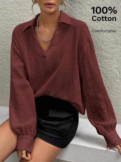 Siren Gaze Women's V-Neck Partial Button Front Long Sleeve Blouse Winter Brown