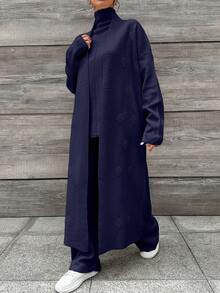 EURMUSE 3pcs Women Solid Color Stand Collar Knit Vest, Cardigan And Pants Set - Navy Blue - View 6