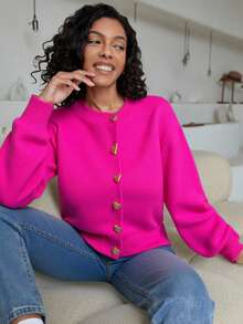 EURMUSE Vibrant Pink Crew Neck Cardigan With Heart-Shaped Gold Buttons And Ribbed Cuffs - Pink - View 3
