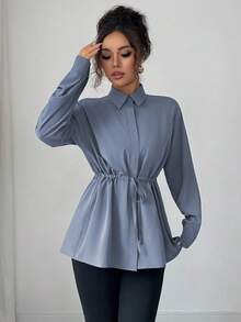 Elenzga Women's Elegant French Office Commute Street Style Utility Shirt, Featuring Shirt Collar, Front Placket, Waist Drawstring, Bowknot Long Sleeve Blouse, Suitable For Spring, Autumn And Winter - Dusty Blue - View 6