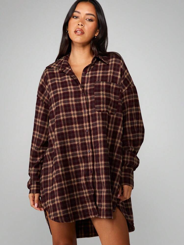 MISSGUIDED Oversized Checked Button Down Shirt Dress With Collar And Long Sleeves For Casual Autumn Winter Wear
