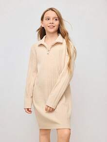 Tween Girl Half Zip Ribbed Knit Long Sleeve Dress - Black - View 3