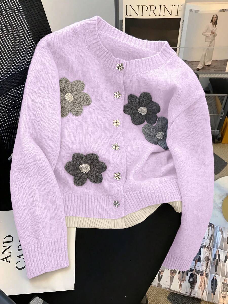 Franclia 全新秋冬优雅手工花卉图案柔软舒适开衫，适合娇小女性 - 淡紫色 - 查看 1