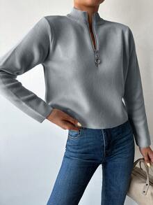 EURMUSE Women's Solid Color Half Zip Up Casual Pullover Sweater - Grey - View 5