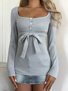 SHEIN LUNE Áo thun nữ cổ vuông tay dài màu trơn thiết kế thắt nút eo đơn giản - Xám - Xem 8