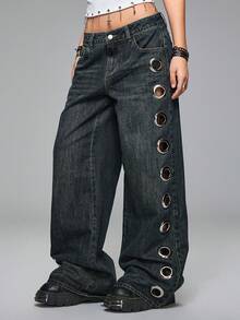 ROMWE Grunge Punk Jeans vintage lavados de talle bajo y súper holgados con agujeros con ojales a los lados, estilo Y2K - Azul lavado oscuro - Ver 3