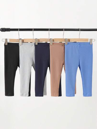 SHEIN Playful Pals Baby Boy Casual Fashionable Minimalist Multi-Piece Set, New Style High Elasticity Lightweight Ribbed Fabric Leggings, Suitable For Spring & Autumn