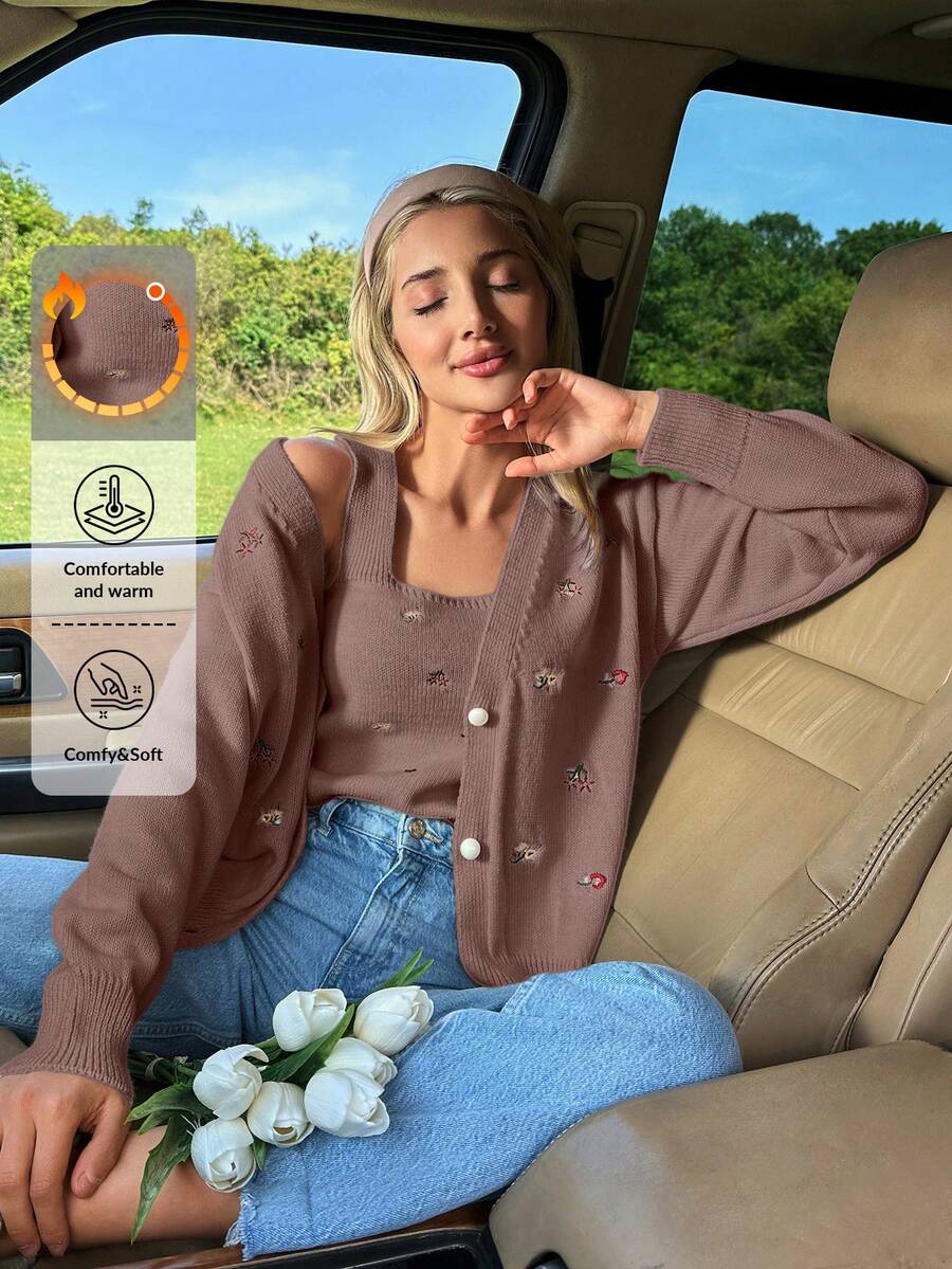 RueChic Embrodery Flower Detail Cardigans And Embrodery Knit Top Women Sweater Co-Ords - Coffee Brown - View 1