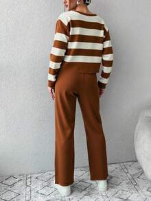 EURMUSE 2 pièces Ensemble de cardigan et pantalon à boutons frontaux à rayures contrastées pour femmes, décontracté et quotidien - Tabac - Voir 2