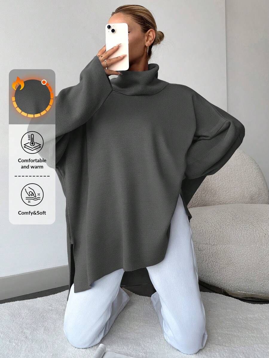 EURMUSE Women's Turtleneck Solid Color Drop Shoulder Split Hem Sweater - Grey - View 1