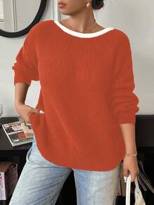 Elenzga Plus Size Women Casual Bowknot Crew Neck Long Sleeve Sweater, Autumn/Winter - Orange - View 4