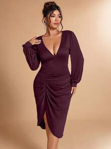 Cravure Plus Size Elegant Solid Color V-Neck Ruched Asymmetric Hem Dress, Autumn - Burgundy - View 5