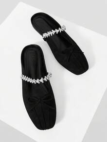 MOTF 复古舒适休闲水钻蝴蝶结装饰平底鞋 - 黑色 - 查看 5