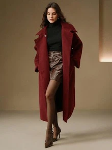 Anewsta Women's High-End Elegant Stand Collar Loose Mid-Length Burgundy Overcoat,Autumn Elegant Office Luxury Formal Chic Dark Coat For Christmas New Year - Burgundy - View 3