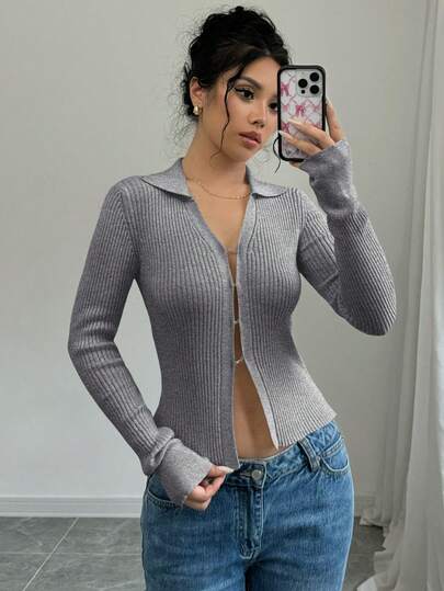 Elenzga 纯色有领喇叭袖合身开衫毛衣