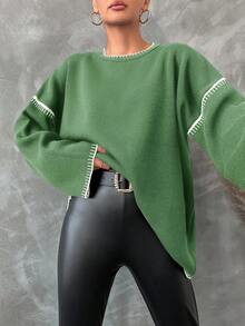 EURMUSE Damen Farbblockstreifen rundhals Langarm einfacher gestrickter Pullover, lässiger Alltagsaustrag