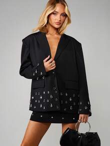 MISSGUIDED Blazer oversize con applicazioni a goccia, dettagli in cristallo e design a lunghezza anca - nero - Visualizzare 1