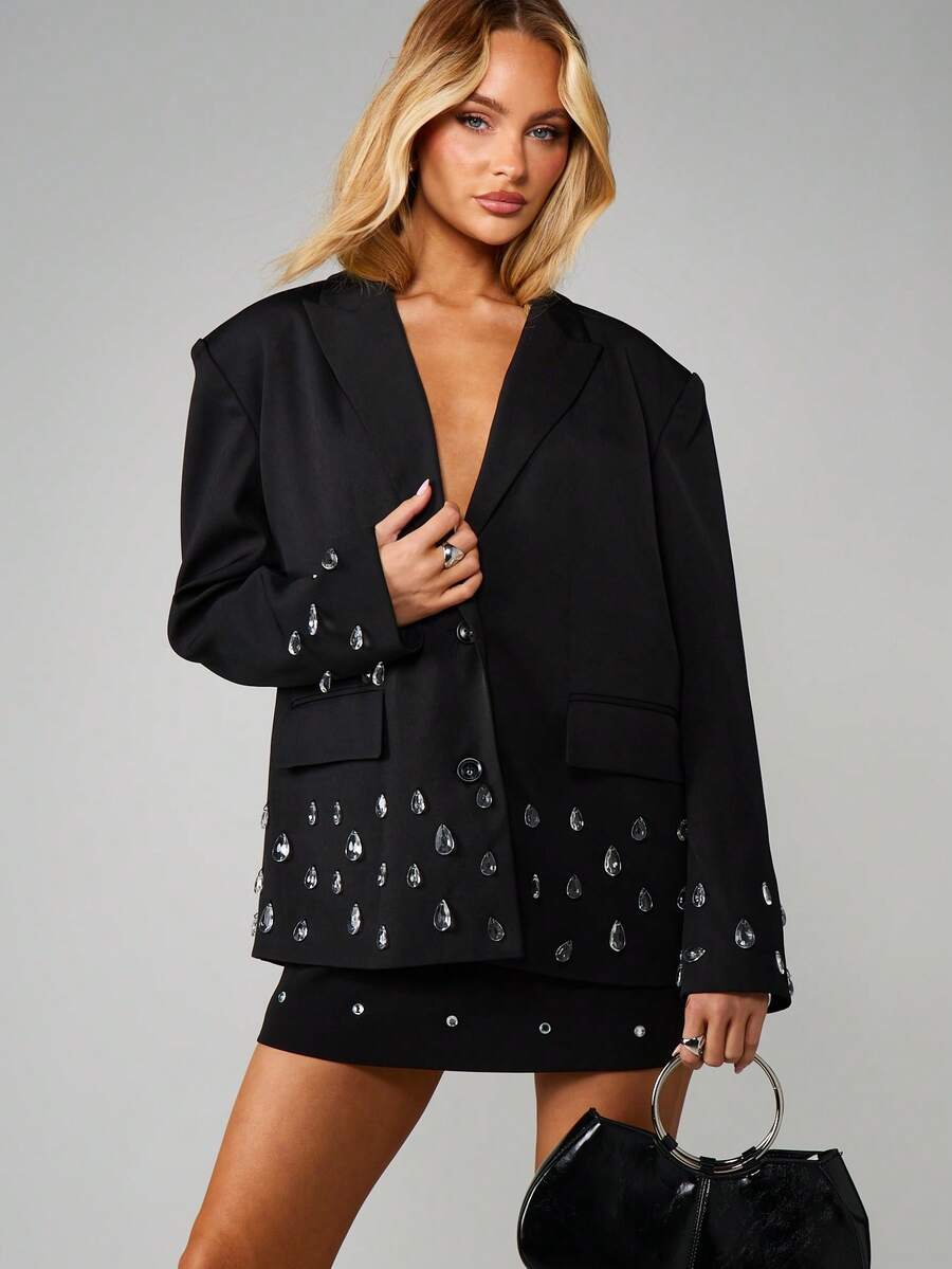 MISSGUIDED Blazer oversize con applicazioni a goccia, dettagli in cristallo e design a lunghezza anca - nero - Visualizzare 1