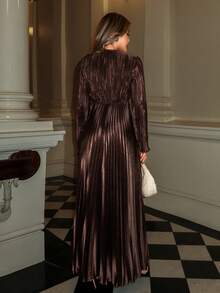 Xyvia 橄榄绿 V 领褶皱 A 字长款纽扣连衣裙，适合休闲办公室时尚外出派对优雅婚礼万圣节圣诞节新年秋冬季服装奢华连衣裙 - 咖啡 - 查看 2