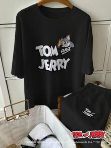 TOM AND JERRY X DAZY 女士休闲超大图案印花短袖 T 恤和短裤睡衣套装 - 黑色 - 查看 4