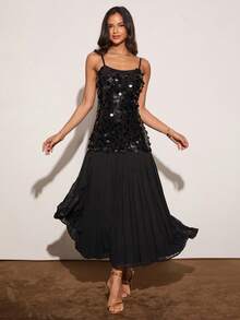 Enchnt Abito elegante da donna con spalline di paillettes - nero - Visualizzare 3