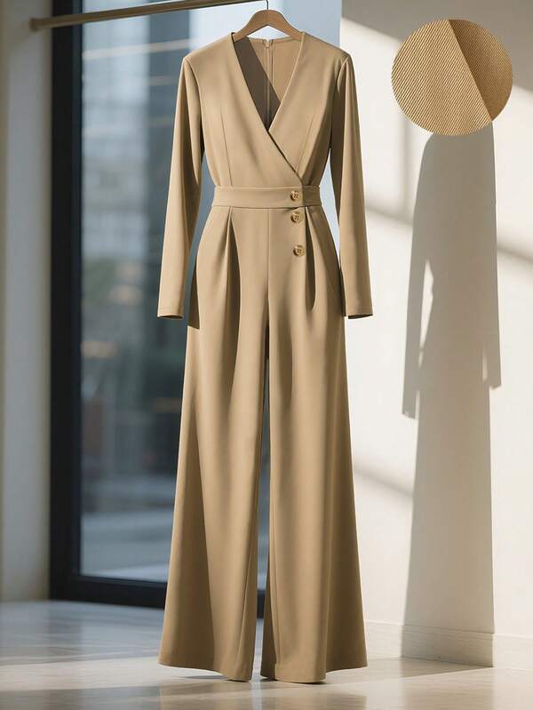 Franclia Macacão básico feminino de perna larga, adequado para deslocamento diário, outono/inverno