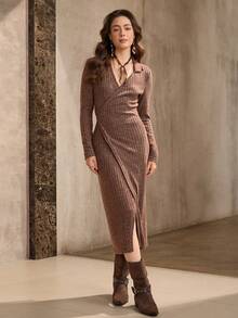 Wildy 美式休闲紧身连衣裙，街头时尚棕色高开叉S型腰机场装，秋冬新品 - 棕色 - 查看 4