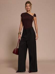 SHEIN BAE Elegant Burgundy Summer Party Bodysuit For Women,Asymmetric Shoulder Metallic Buckle Decor, Date Cocktail Music Festival Autumn Base Layer - Brown - View 1