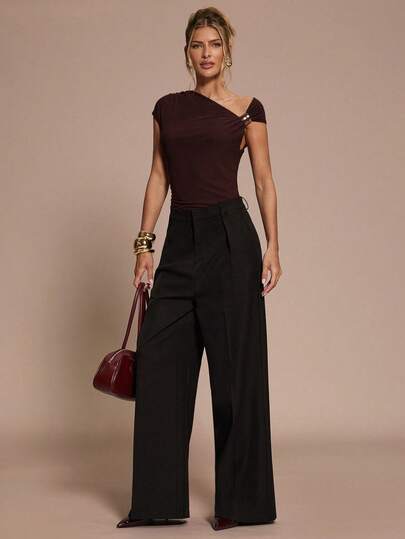 SHEIN BAE 女士不对称肩部金属扣装饰连体衣，适合鸡尾酒会、浪漫约会、秋冬打底衫、派对、万圣节、圣诞节、音乐节