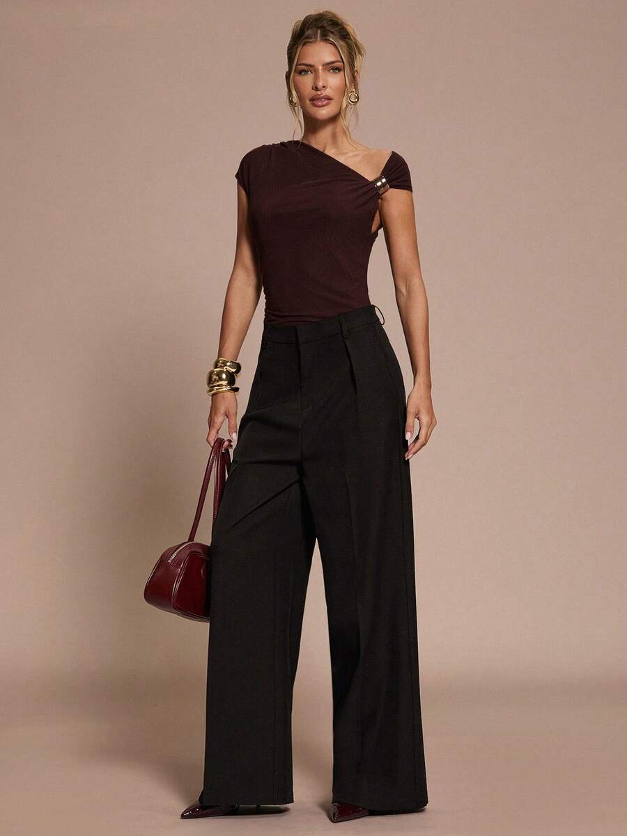 SHEIN BAE Elegant Burgundy Summer Party Bodysuit For Women,Asymmetric Shoulder Metallic Buckle Decor, Date Cocktail Music Festival Autumn Base Layer - Brown - View 1