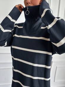 EURMUSE Women Front Zip Long Sleeve Striped Minimalist Sweater, Casual Daily Wear - Dark Grey - View 3