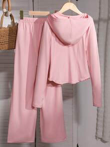 SHEIN 青少年女孩蝴蝶印花拉链连帽衫和阔腿裤休闲装，秋季 - 粉色 - 查看 2