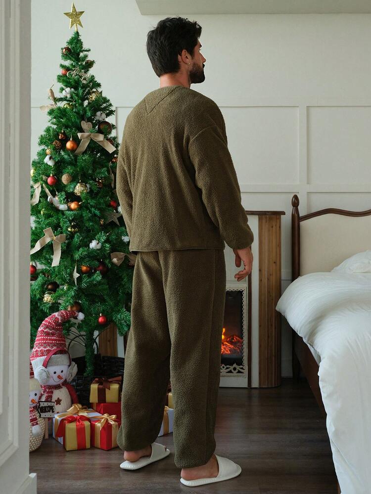 Men's Solid Color Fleece Button Front Top & Pants Loungewear Set, Military Green, Autumn/Winter,New Year,Christmas, Cozy Clothes, Fluffy