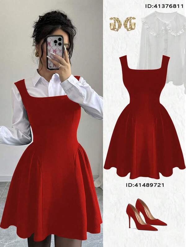 Elenzga Novo vestido feminino com decote quadrado, sem mangas, corte A, bainha franzida, tecido texturizado de alta elasticidade, cor sólida, elegante, jovem, ajustado, casual, versátil, cintura afinada, elegante e refinado, adequado para primavera/verão/outono/inverno, cor bordô, traje feminino para o dia dos namorados