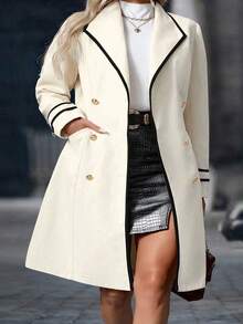 Elenzga Damen eleganter taillierter doppelreihiger Mantel mit langen Ärmeln in Große Größen, Herbst/Winter - Aprikosenfarben - Übersicht 3