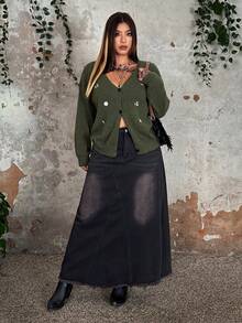 Whyspr Grunge Punk Cottage Punk Plus Size Women Maple Leaf Embroidered Knit Cardigan - Green - View 7