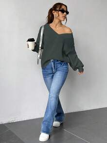 SHEIN Unity 女士休闲日常通勤落肩宽松V领毛衣，秋冬 - 灰色 - 查看 4