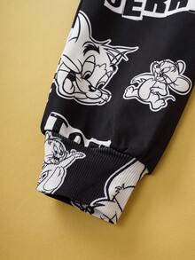 TOM & JERRY X SHEIN Bluza z kapturem i zamkiem błyskawicznym w dużym rozmiarze, jesienna bluza z nadrukiem w kreskówkowym stylu, czarna bluza z grafiką, styl uliczny, swobodna, czarna, minimalistyczna, klasyczna, z kapturem i zamkiem błyskawicznym w kreskówkowym stylu/zima - Czarne - Zobacz 3