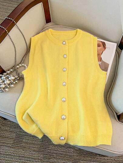 GlowEve CURVE 女式休闲圆领纽扣无袖大码毛衣背心、外套或分层单品，秋冬