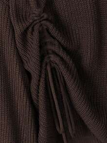 Lacomfia 加大码纯色圆领抽绳不对称下摆长袖套头衫 - 咖啡棕 - 查看 5